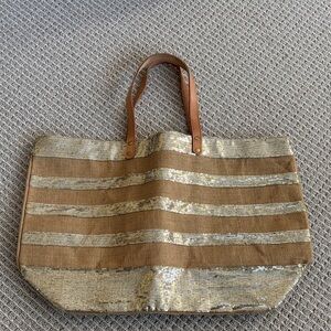 NWOT. Tan Tote with Gold Sequin Stripes and Leather Handles